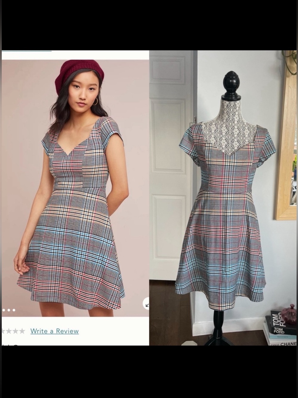 NWT Anthropologie Plaid Tartan Sweetheart Neckline Dress. Size 14.